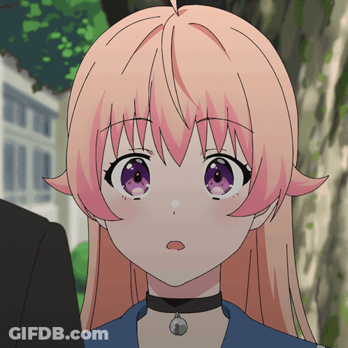 A Girl With Pink Hair And Purple Eyes Is Wearing A Black Choker GIF