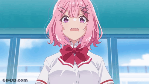 A Girl With Pink Hair And Purple Eyes Is Wearing A White Shirt And A Red Bow Tie GIF