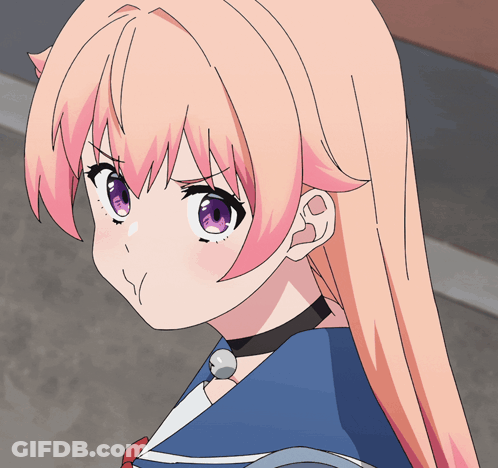 A Girl With Pink Hair And Purple Eyes Looks Angry GIF