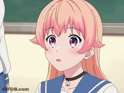 A Girl With Pink Hair And Purple Eyes Looks Surprised GIF