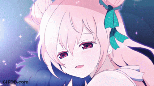 A Girl With Pink Hair And Red Eyes Has A Blue Bow In Her Hair GIF