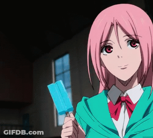 A Girl With Pink Hair And Red Eyes Is Holding A Blue Ice Cream Bar . GIF