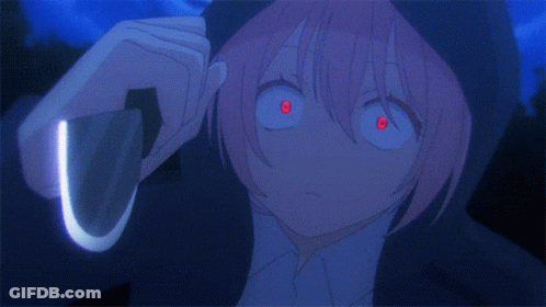 A Girl With Pink Hair And Red Eyes Is Holding A Glowing Object GIF
