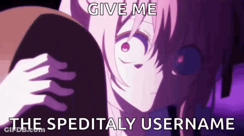 A Girl With Pink Hair And Red Eyes Is Holding A Purple Object And Asking For The Username . GIF