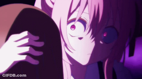 A Girl With Pink Hair And Red Eyes Is Holding A Purple Object GIF