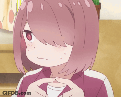 A Girl With Pink Hair And Red Eyes Is Holding A White Cup GIF