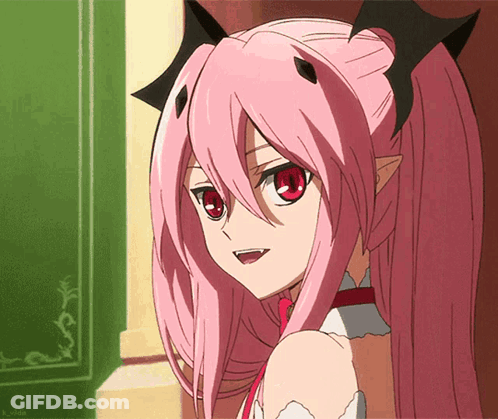 A Girl With Pink Hair And Red Eyes Is Standing In Front Of A Green Book GIF