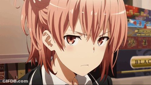 A Girl With Pink Hair And Red Eyes Is Standing In Front Of A Sign That Says Black GIF