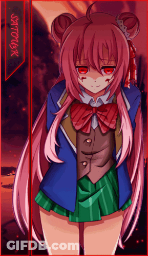 A Girl With Pink Hair And Red Eyes Is Standing In Front Of A Sign That Says Sattoker GIF