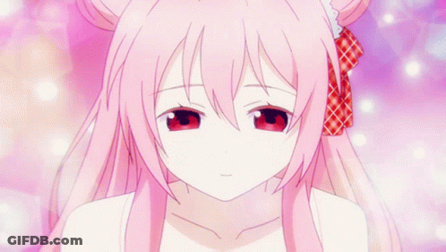 A Girl With Pink Hair And Red Eyes Smiles GIF