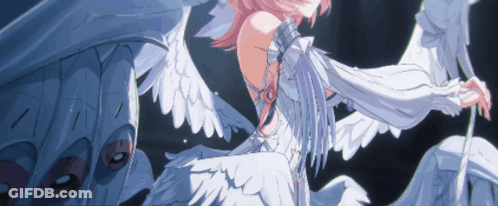 A Girl With Pink Hair And White Wings Is Holding A Sword GIF