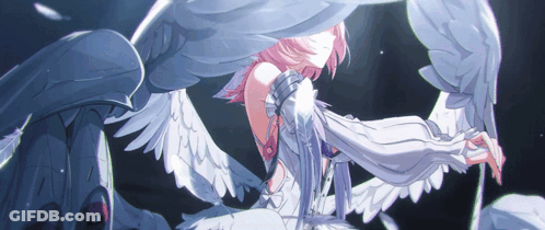 A Girl With Pink Hair And White Wings Is Sitting In The Dark GIF