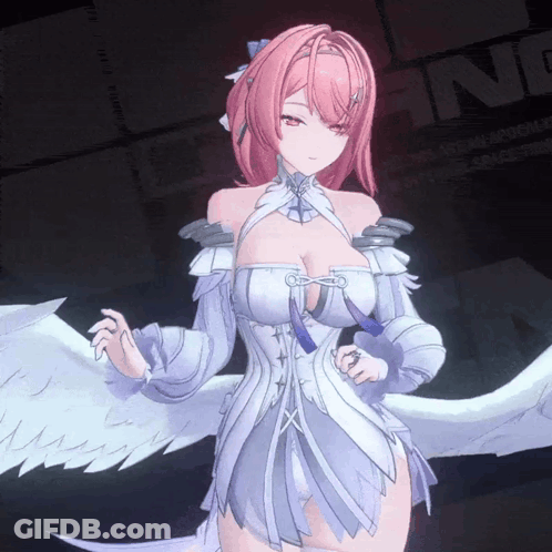 A Girl With Pink Hair And White Wings Is Standing In Front Of A Sign That Says " N " GIF