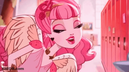 A Girl With Pink Hair And Wings Is Standing In Front Of A Row Of Lockers . GIF