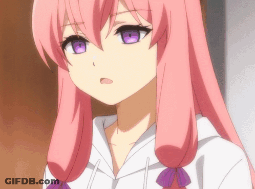 A Girl With Pink Hair Has Purple Eyes And A White Shirt GIF
