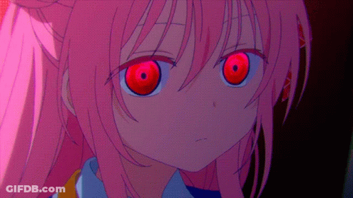 A Girl With Pink Hair Has Red Eyes And Looks Very Scary GIF