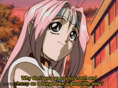 A Girl With Pink Hair Is Asking Why Don T You Go To Your Room And Chomp On A Burger Like A Good Little Boy GIF