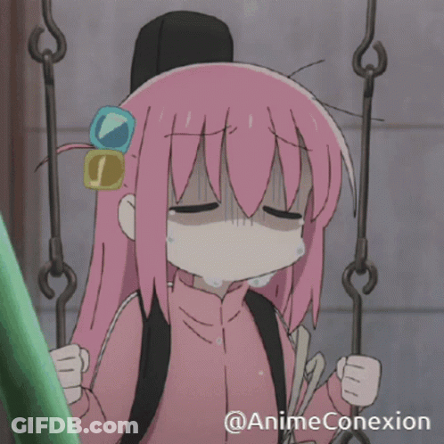 A Girl With Pink Hair Is Crying While Sitting On A Swing With @Animeconexion In The Corner GIF