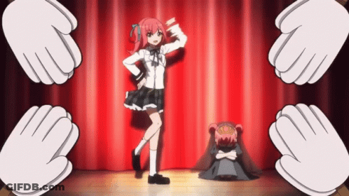 A Girl With Pink Hair Is Dancing On A Stage Surrounded By White Hands GIF