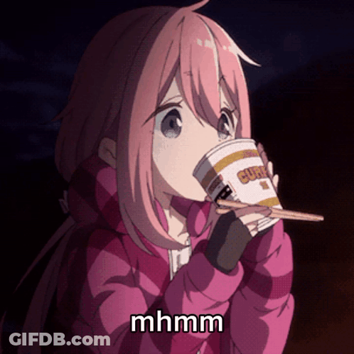A Girl With Pink Hair Is Drinking From A Cup Of Curry GIF