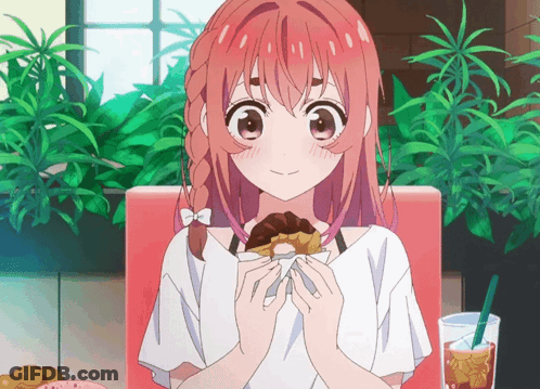 A Girl With Pink Hair Is Eating A Donut And Drinking Soda GIF