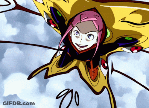 A Girl With Pink Hair Is Flying Through The Air In A Cartoon Drawing GIF