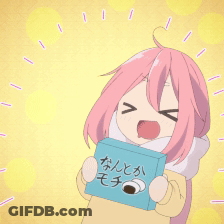 A Girl With Pink Hair Is Holding A Blue Box That Says ' Mochi ' On It GIF
