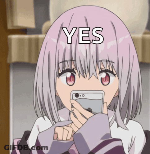 A Girl With Pink Hair Is Holding A Cell Phone With The Word Yes Written On It GIF