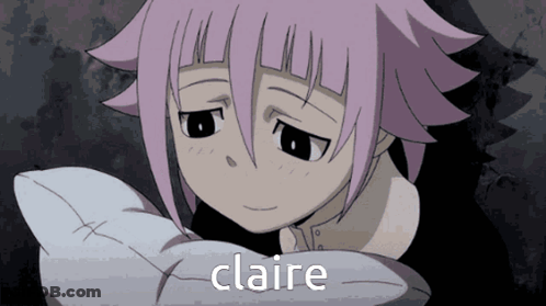 A Girl With Pink Hair Is Holding A Pillow And The Word Claire Is On The Bottom Right GIF