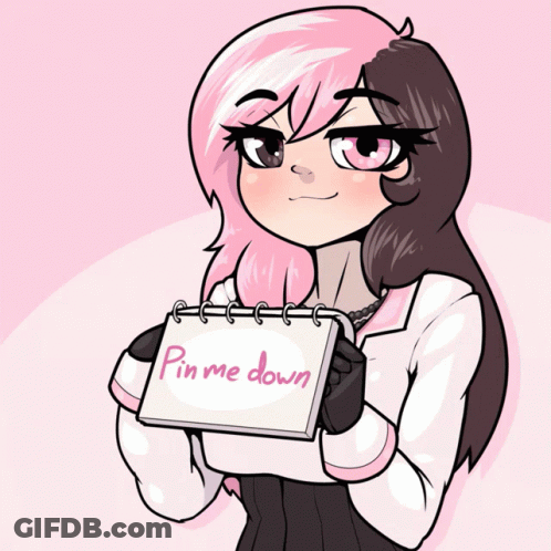 A Girl With Pink Hair Is Holding A Sign That Says " Pin Me Down " GIF