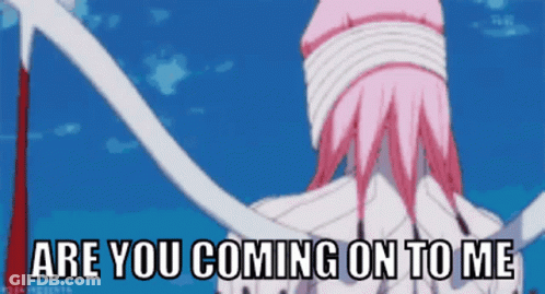 A Girl With Pink Hair Is Holding A Sword And The Words Are You Coming On To Me Are Above Her GIF