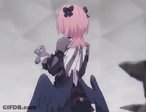 A Girl With Pink Hair Is Holding A Teddy Bear In Her Hand GIF