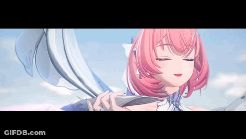 A Girl With Pink Hair Is Holding A White Feather And Smiling GIF