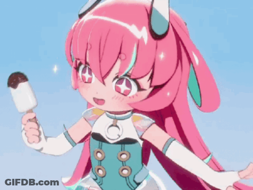 A Girl With Pink Hair Is Holding An Ice Cream Bar GIF