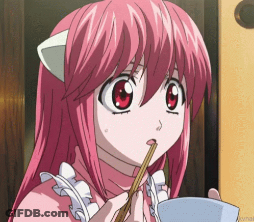 A Girl With Pink Hair Is Holding Chopsticks In Her Mouth GIF