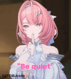 A Girl With Pink Hair Is Holding Her Finger To Her Lips And Says " Be Quiet " In Pink GIF