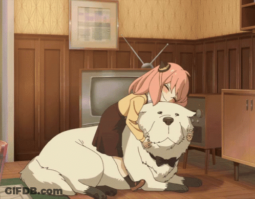 A Girl With Pink Hair Is Hugging A White Dog In Front Of A Tv GIF