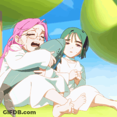 A Girl With Pink Hair Is Hugging Another Girl GIF