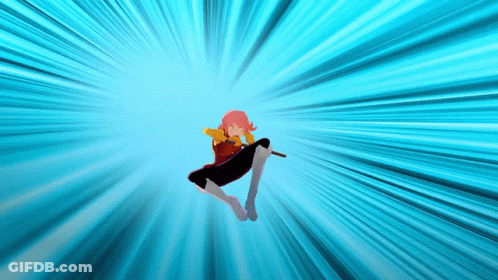 A Girl With Pink Hair Is Jumping In The Air With A Blue Background GIF