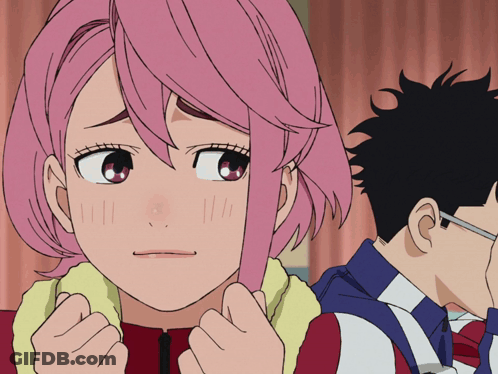 A Girl With Pink Hair Is Looking At Something GIF