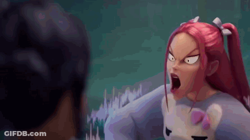 A Girl With Pink Hair Is Making A Funny Face While Talking To Another Girl . GIF