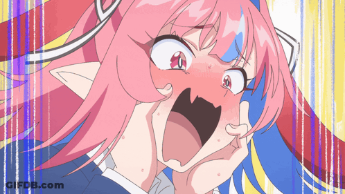A Girl With Pink Hair Is Making A Funny Face With Her Mouth Open GIF