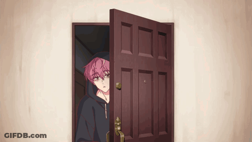 A Girl With Pink Hair Is Peeking Out From Behind A Door GIF