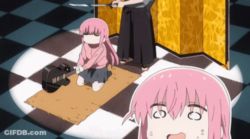 A Girl With Pink Hair Is Playing A Guitar In A Cartoon GIF
