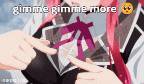 A Girl With Pink Hair Is Pointing At Her Chest With The Words Gimme Gimme More GIF