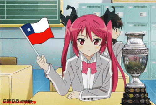 A Girl With Pink Hair Is Sitting At A Desk Holding A Flag And A Trophy GIF