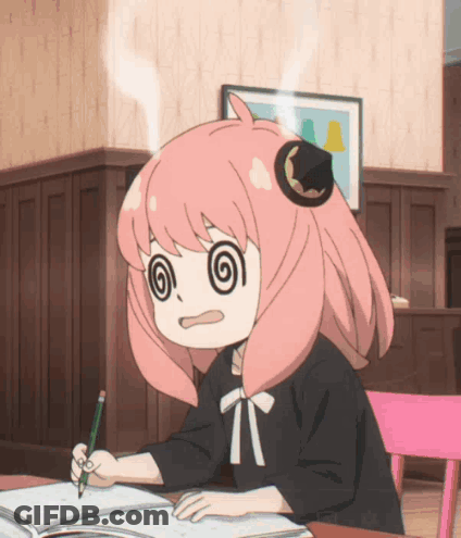 A Girl With Pink Hair Is Sitting At A Table Writing In A Book GIF
