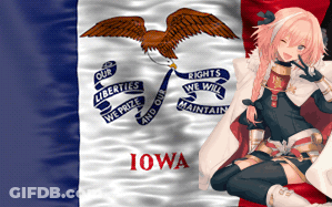 A Girl With Pink Hair Is Sitting In Front Of A Iowa Flag GIF