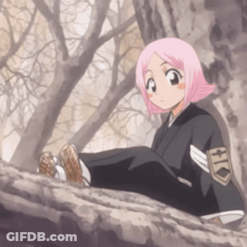 A Girl With Pink Hair Is Sitting On A Tree Branch With A Patch That Says Hk GIF