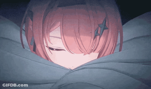 A Girl With Pink Hair Is Sleeping In A Bed GIF